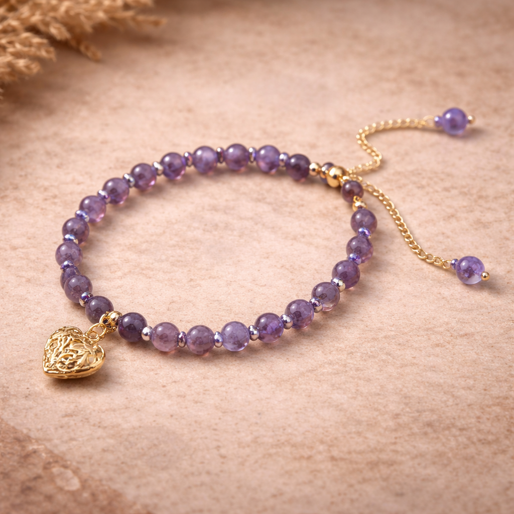Amethyst adjustable spiritual bracelet with heart charm for protection, emotional healing, calm, and clarity