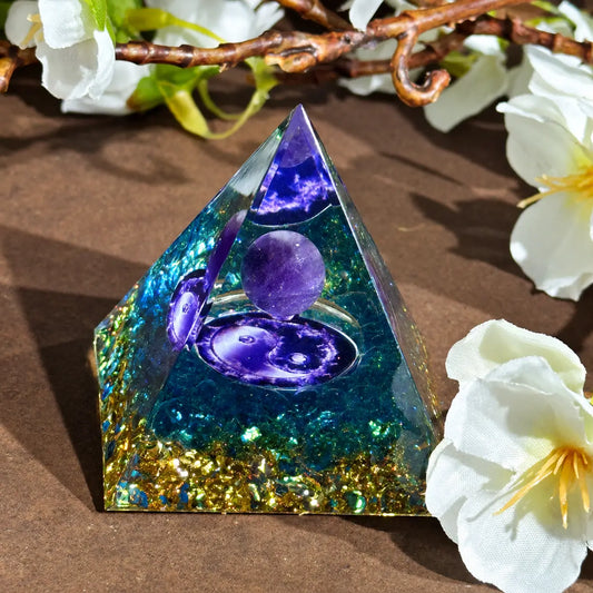 Amethyst and Blue Apatite orgonite pyramid for decorative meditation display
