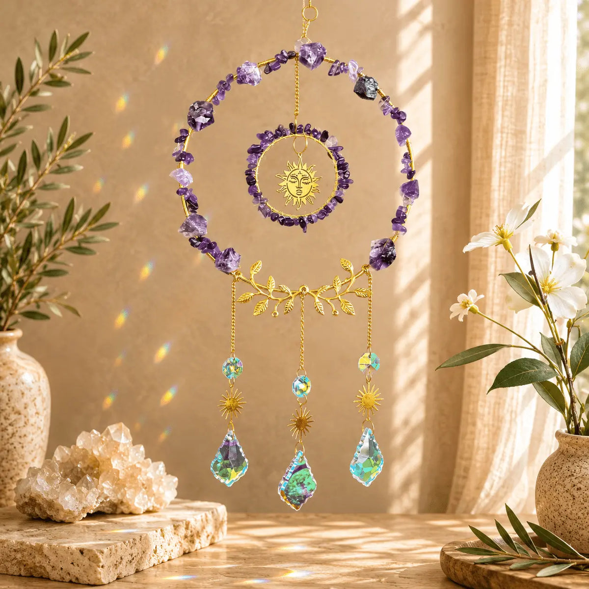 Amethyst crystal suncatcher with purple gemstones, gold sun charms and clear hanging crystal prisms