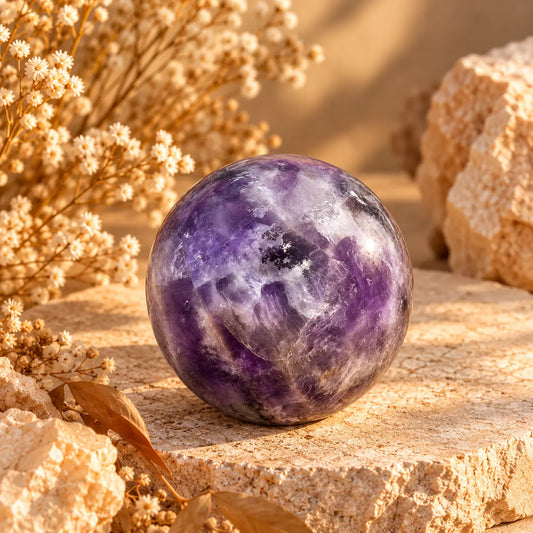 Polished Amethyst crystal sphere with natural purple tones and crystal patterning