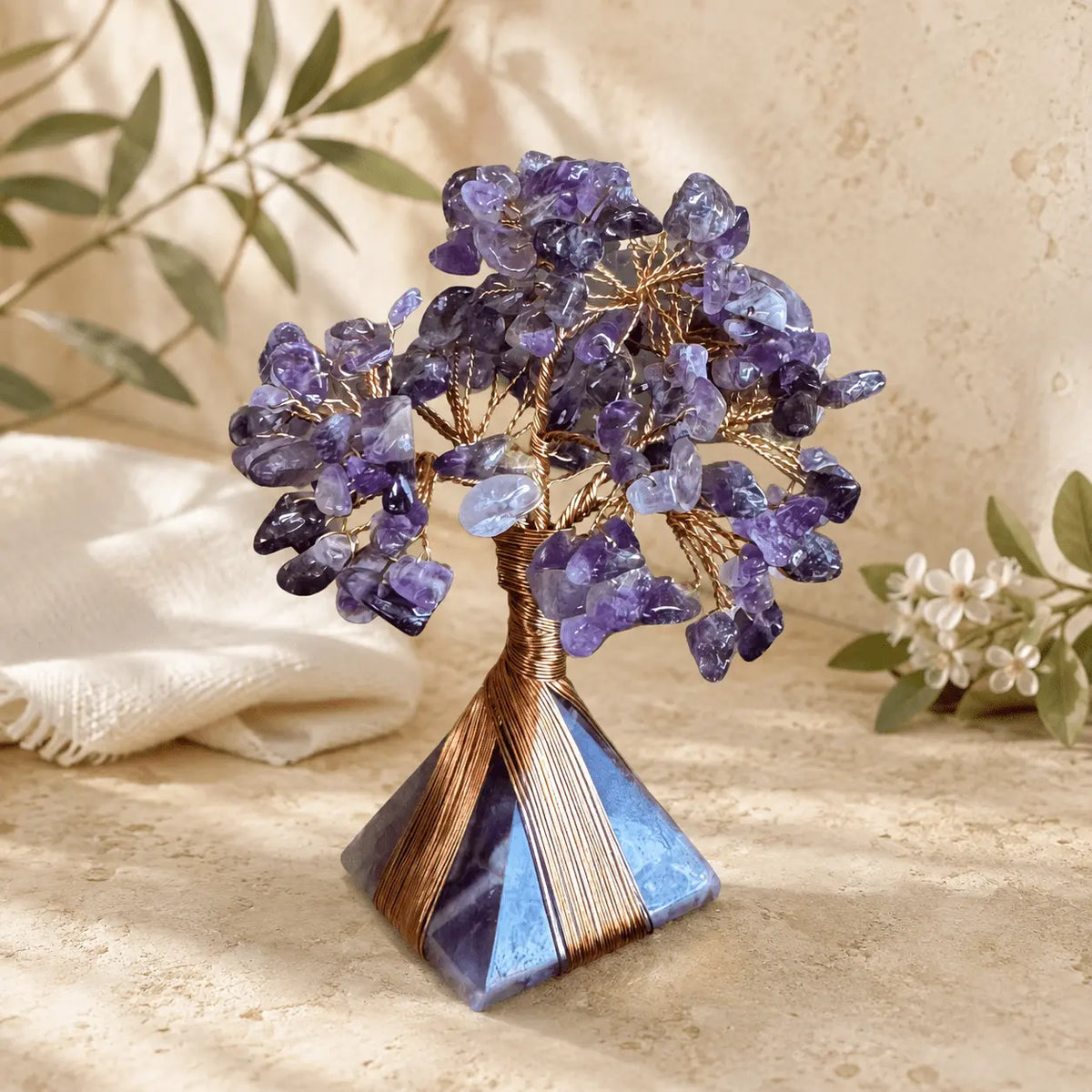 Amethyst Flowering Crystal Tree Pyramid with purple gemstone chips and copper wire branches