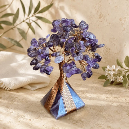 Amethyst Flowering Crystal Tree Pyramid with purple gemstone chips and copper wire branches
