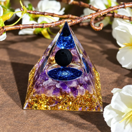 Amethyst and Obsidian orgonite pyramid for grounding and protection