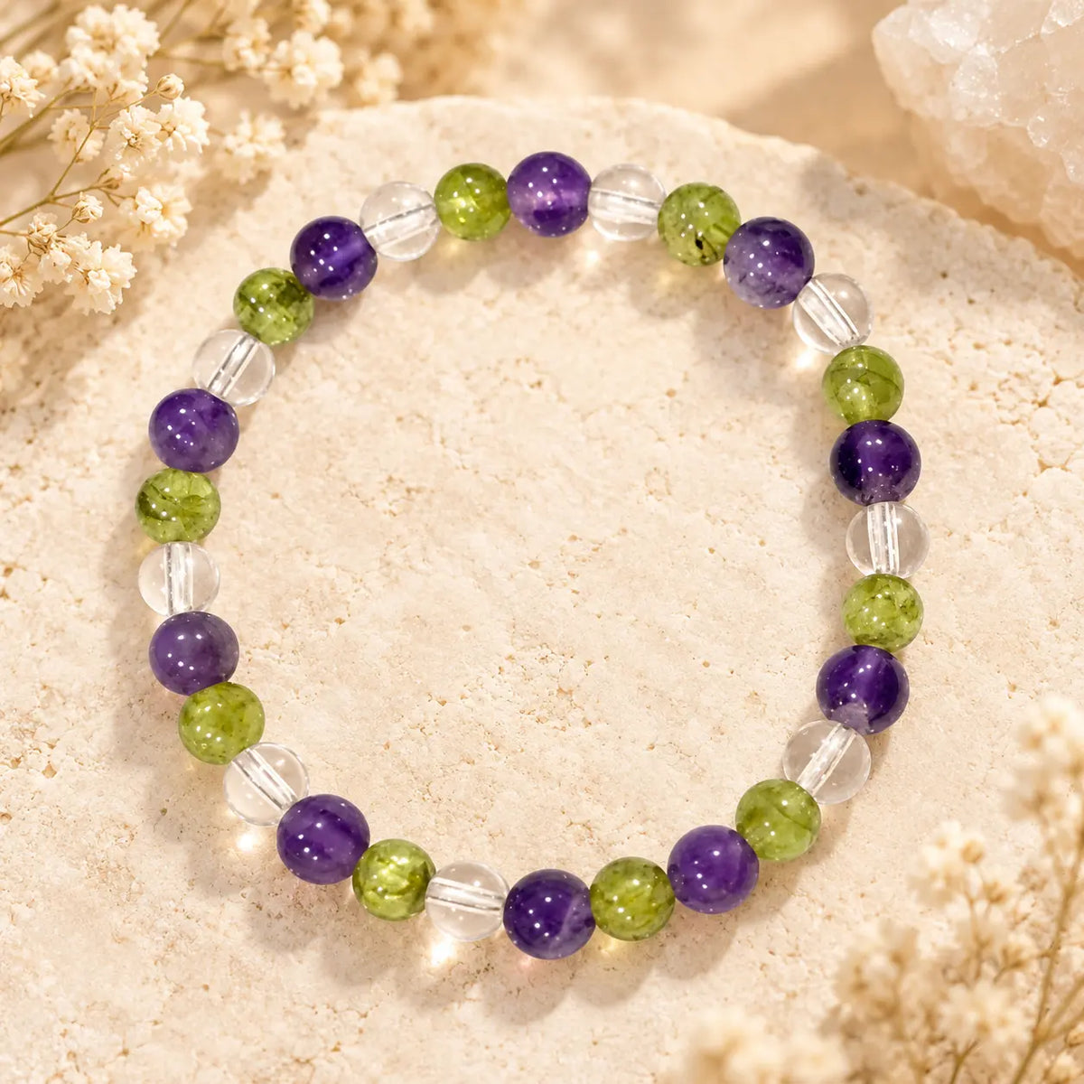 Amethyst Peridot and Clear Quartz 6mm crystal bead bracelet for peace renewal and clarity