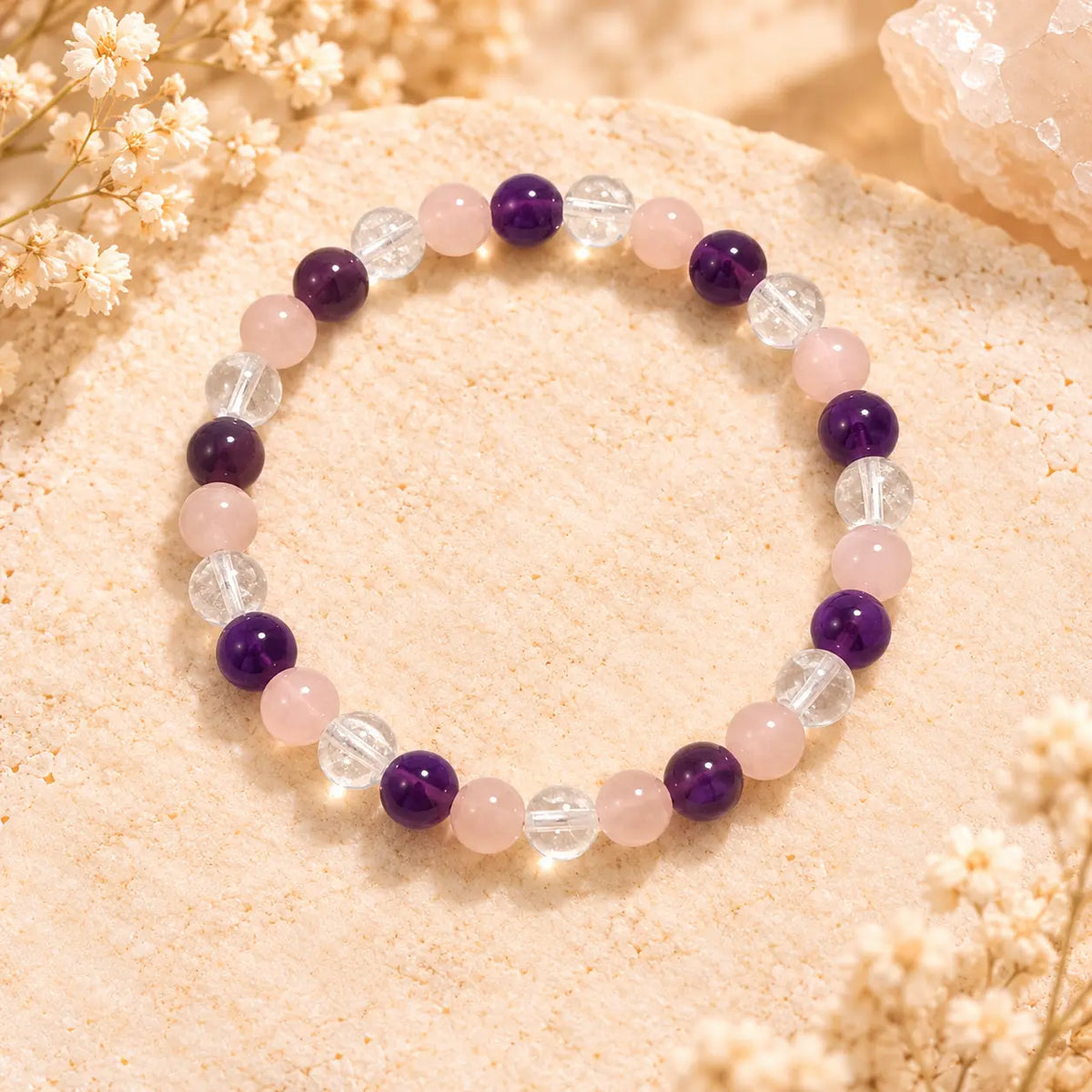 Amethyst Rose Quartz and Clear Quartz 6mm beaded crystal bracelet with purple pink and clear gemstones
