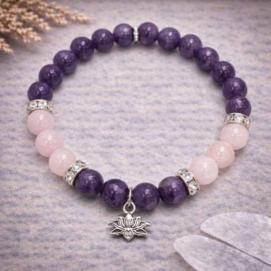 Amethyst & Rose Quartz Bracelet with Lotus of Life Charm – Spiritual Healing, Self-Love & Inner Peace