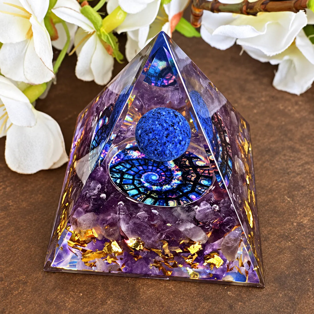 Amethyst and Sodalite orgonite pyramid with spiral symbol
