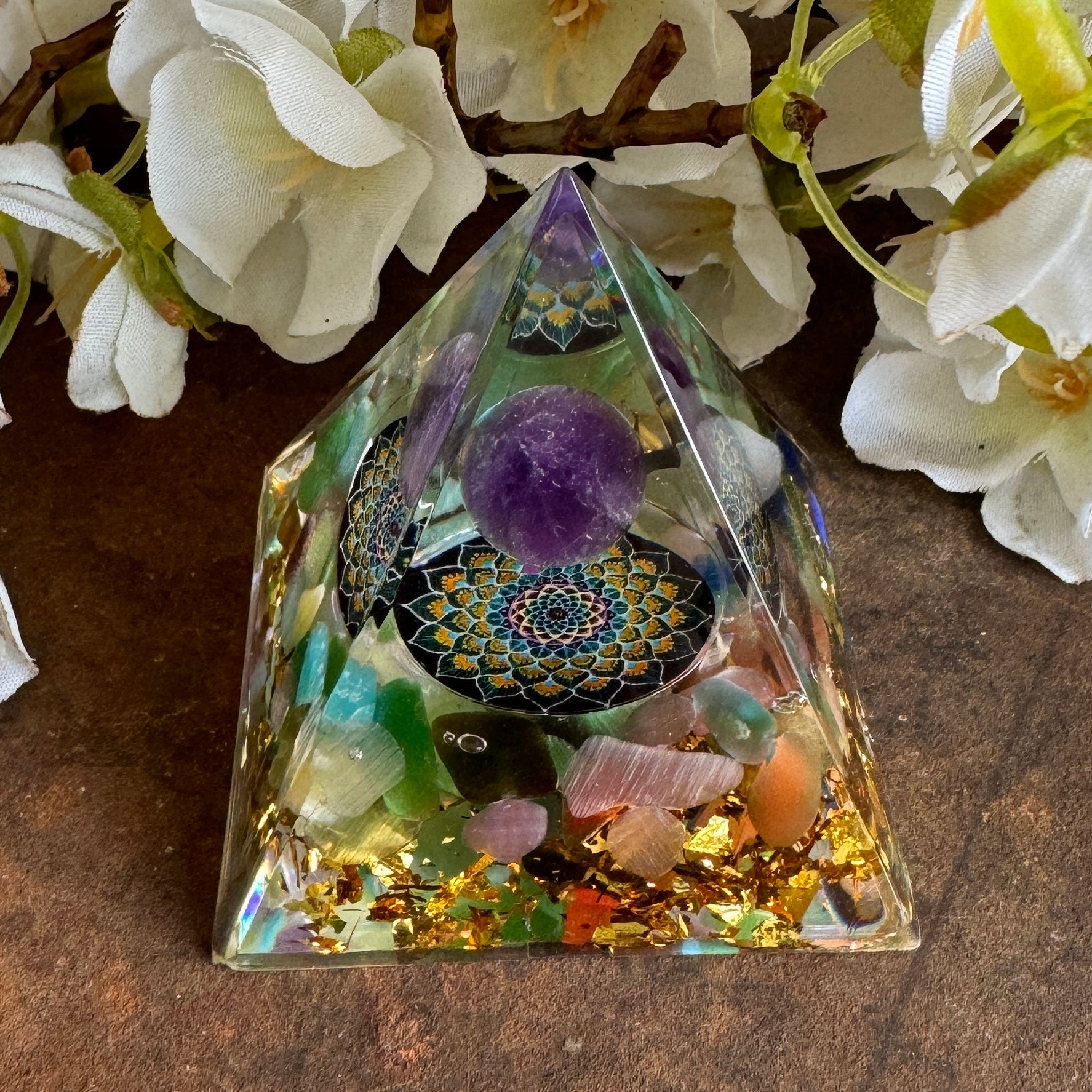 Amethyst Sphere Flower of Life Orgonite Pyramid 5cm for energy cleansing, protection, and intuition