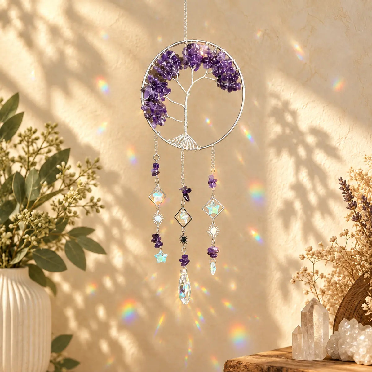 Amethyst Tree of Life crystal suncatcher with purple gemstones and  tree design