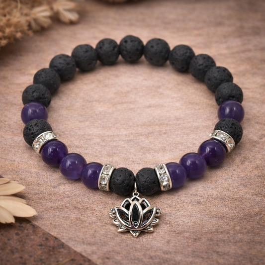Amethyst and Lava Stone Bracelet with Lotus Charm – Spiritual Healing, Grounding & Grief Support