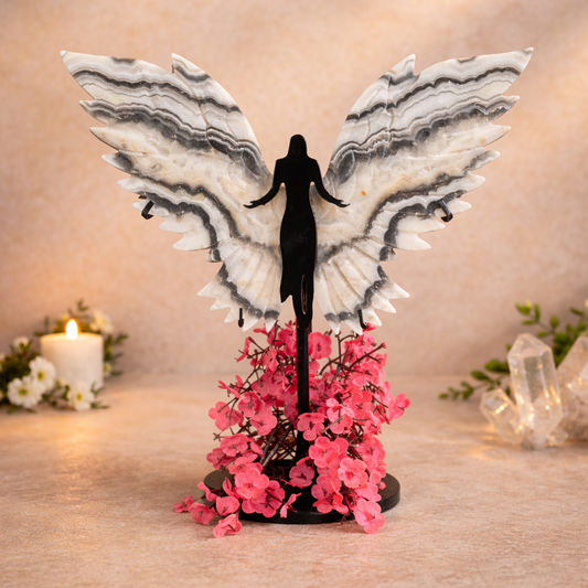 Angel Stand with Black and White Calcite Crystal Wings – Divine Protection, Balance & Spiritual Healing