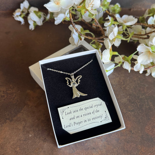 Angel Vision Pendant Necklace with Lord’s Prayer inside crystal orb for faith, protection, and spiritual comfort
