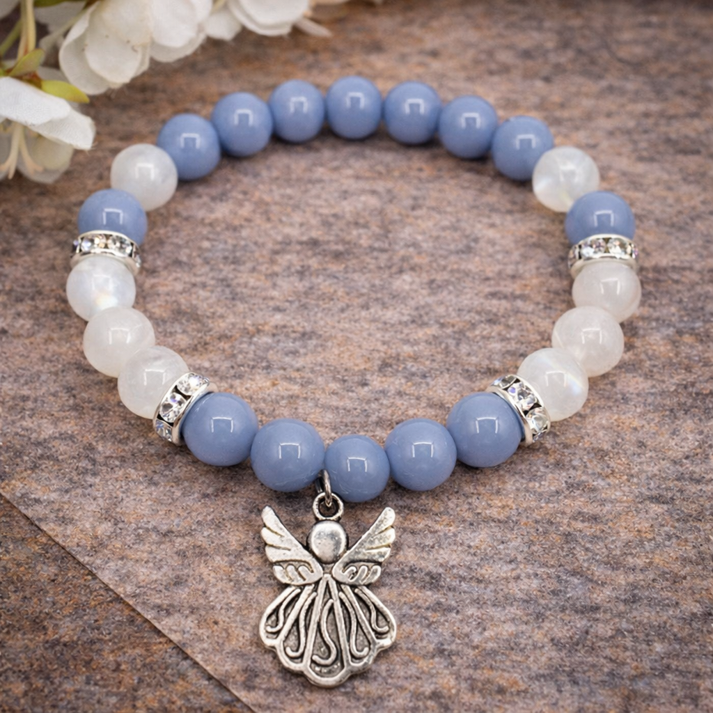 Angelite & Rainbow Moonstone crystal bracelet with angel charm for emotional healing, intuition and spiritual connection