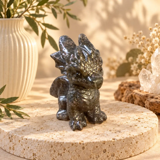 Astrophyllite crystal dragon carving exact item with dark metallic patterning