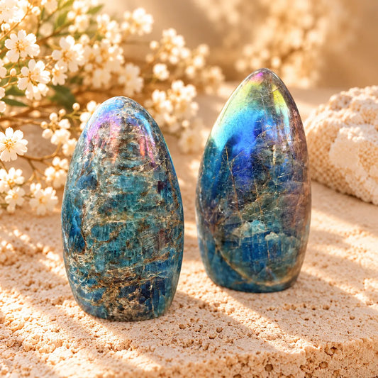 Aura Blue Apatite free shape crystals on warm cream background