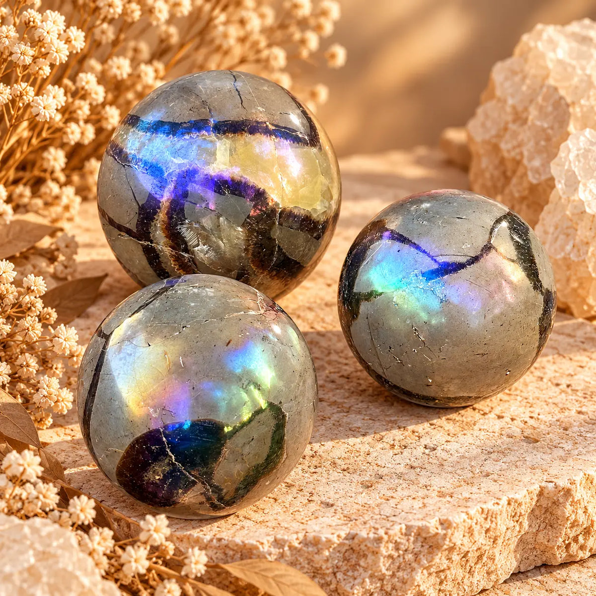 Aura Septarian crystal sphere with iridescent rainbow finish and natural Septarian pattern