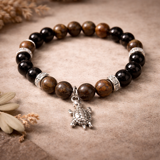 Axinite, Bronzite & Rainbow Obsidian Turtle Charm Bracelet – 8mm Spiritual Jewellery