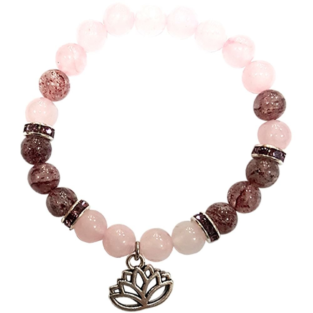 Rose Quartz & Strawberry Quartz Bracelet with Lotus Charm – Heart Healing & Joy