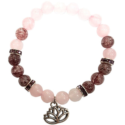 Rose Quartz & Strawberry Quartz Bracelet with Lotus Charm – Heart Healing & Joy