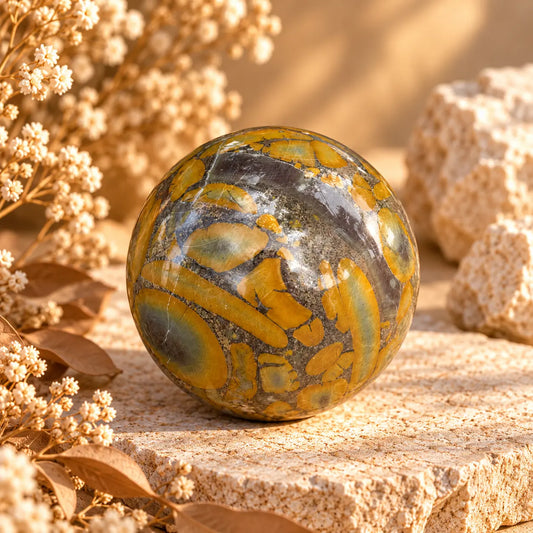 Bamboo Leaf Stone crystal sphere with natural earthy green and brown patterning