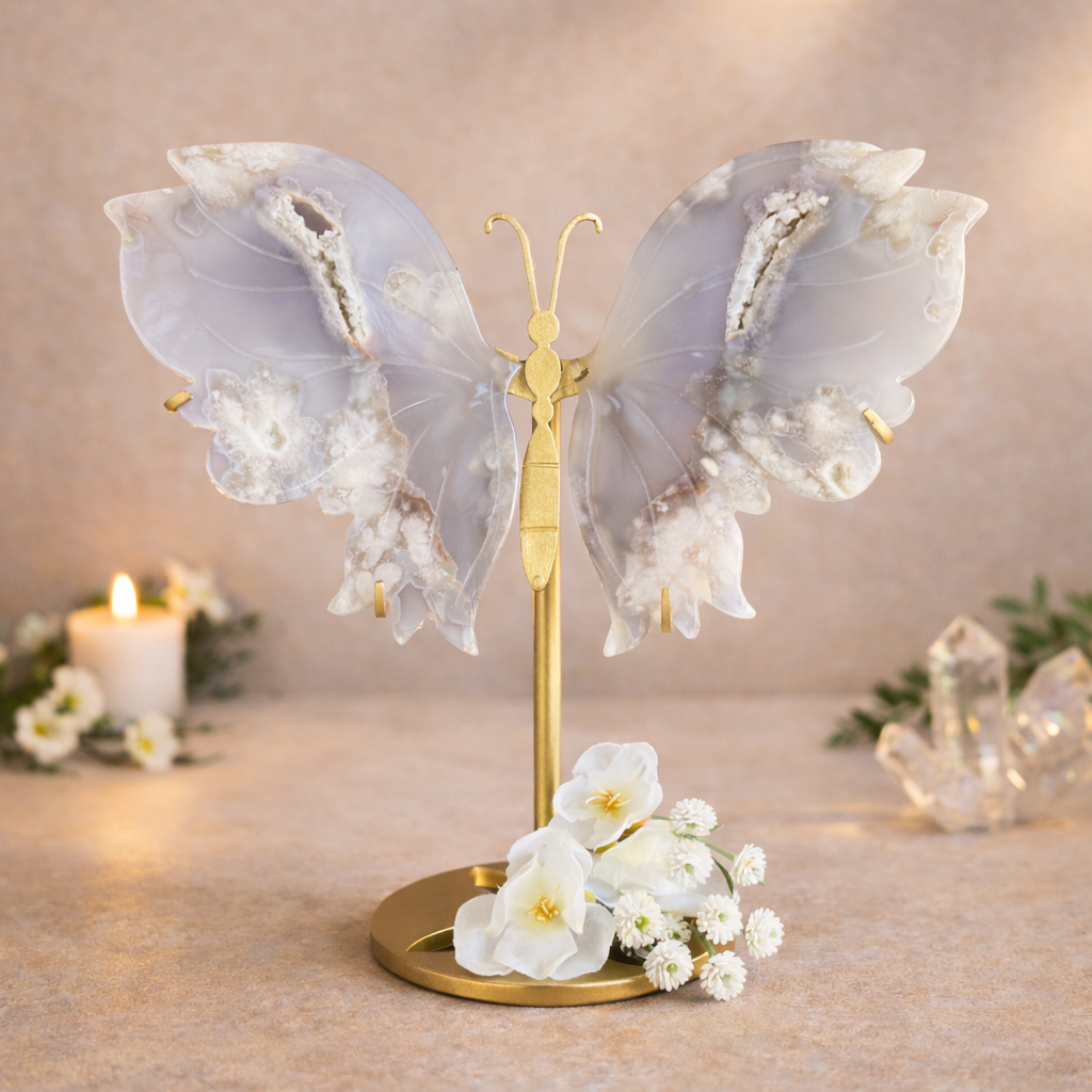 Black Flower Agate Crystal Wings on Butterfly Stand for spiritual healing, emotional balance, and protection crystal ornament