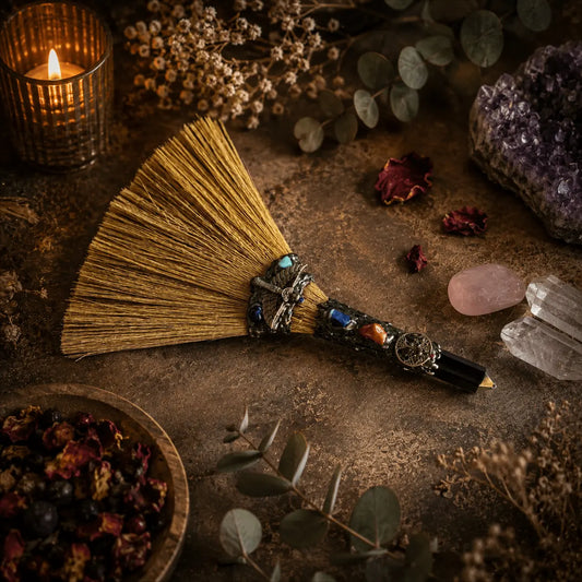 Tree of Life variant image: Witches Besom with Black Obsidian crystal wand and Tree of Life charm