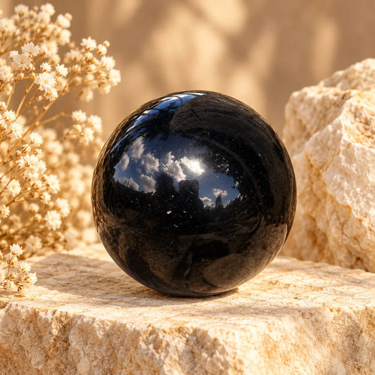 Polished Black Obsidian crystal sphere with deep glossy volcanic glass finish