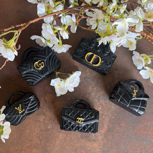 Black Obsidian crystal designer handbag ornament for spiritual protection, grounding, clarity, and energy cleansing