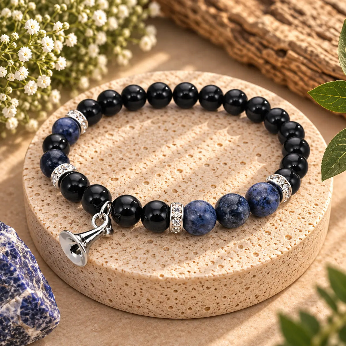 Black Tourmaline and blue Dumortierite crystal bracelet with 8mm beads, silver spacers and Witch Hat charm