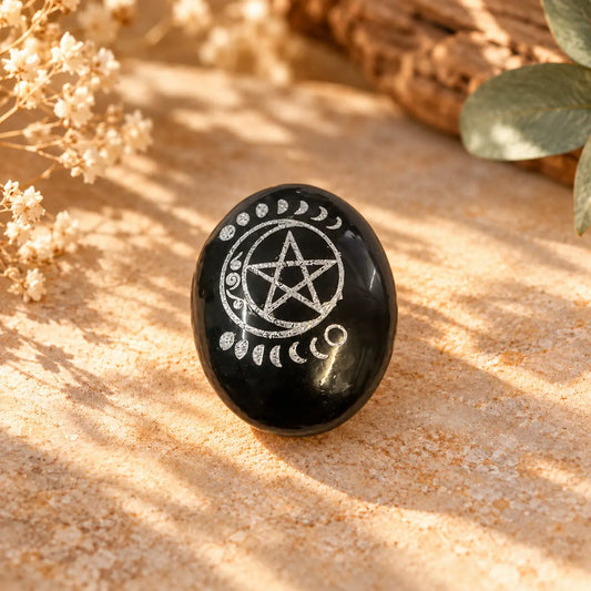 Black Tourmaline Pentacle Moon Palm Stone – Protection, Grounding & Stability