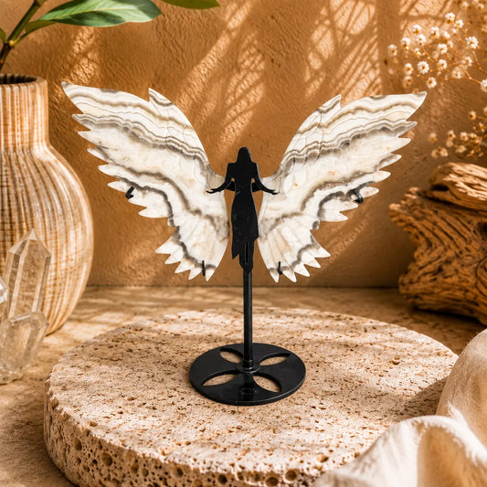 Black & White Calcite Crystal Wings on Angel Stand – Balance, Divine Protection & Spiritual Healing
