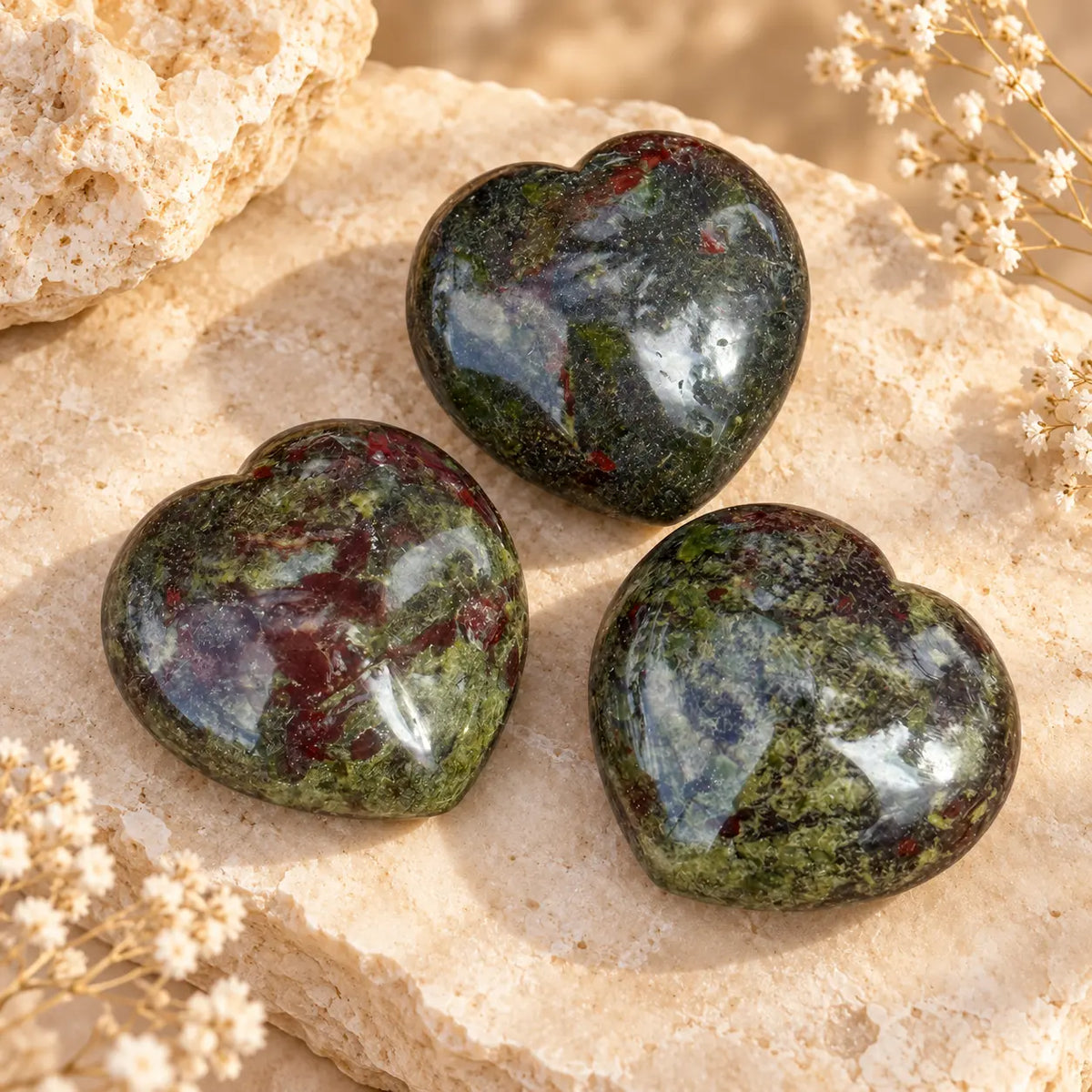 Bloodstone Jasper polished crystal hearts, approximately 3 cm
