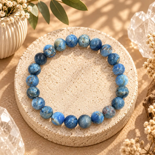 Genuine 8mm Blue Apatite crystal bracelet with natural blue polished beads