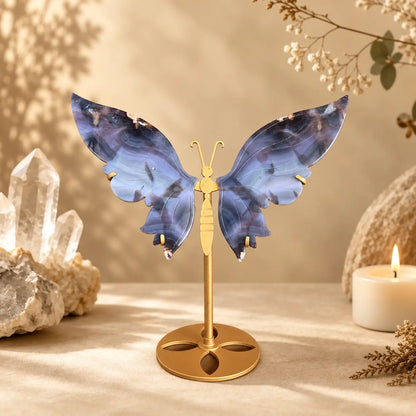 Blue Flower Agate Crystal Wings on Butterfly Stand – Joy, Creativity & New Beginnings