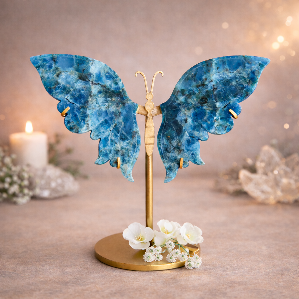 Blue Apatite Crystal Wings on Butterfly Stand (Medium) | Crystal Wings Australia – Spiritual Healing & Renewal