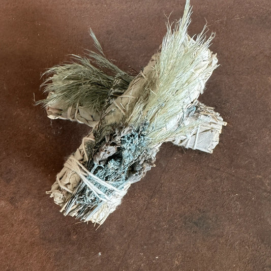Blue Bouquet and White Sage Smudge Stick for calm, energy cleansing, spiritual protection, aura cleansing, and emotional balance.