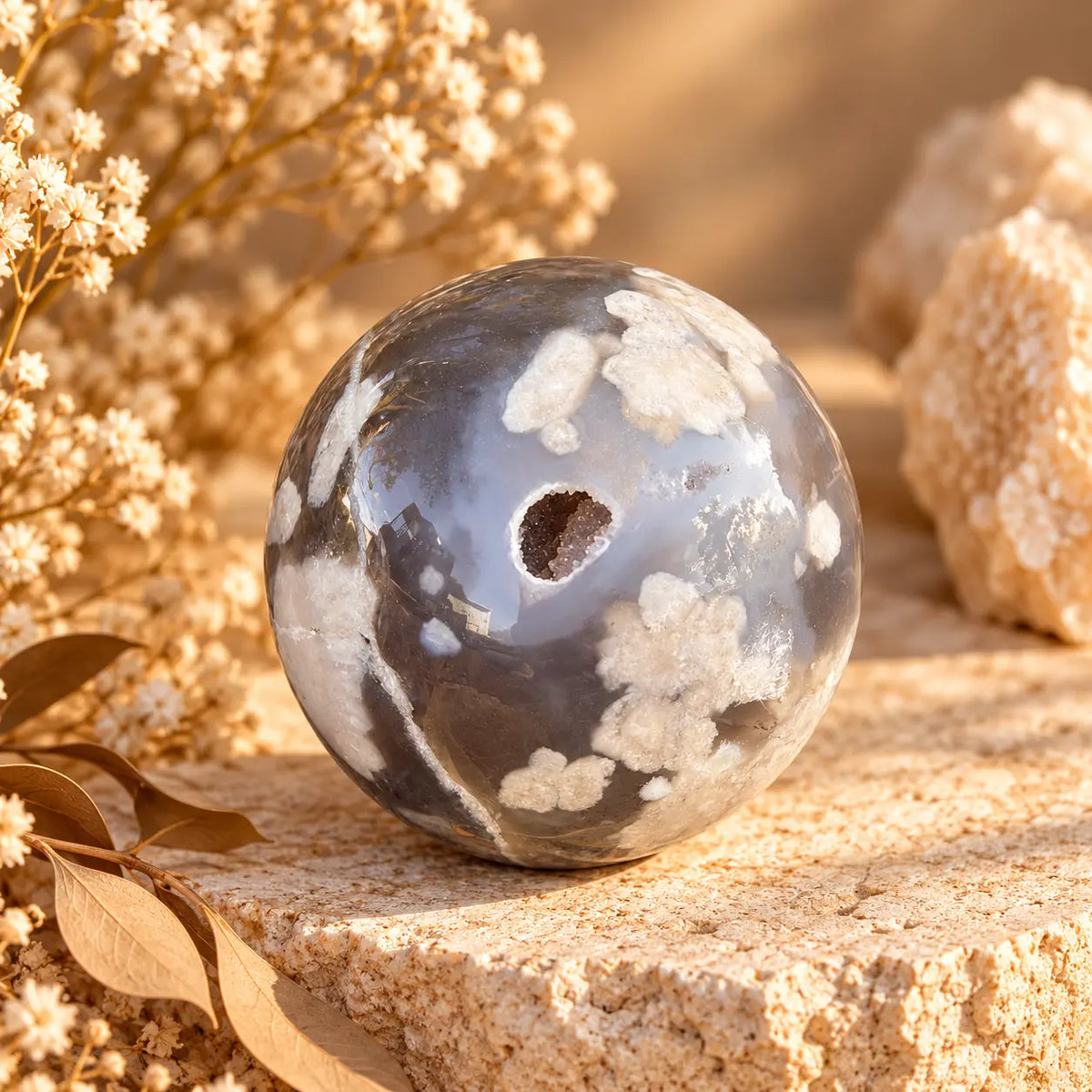Blue Flower Agate crystal sphere approximately 5cm with soft blue floral-like inclusions