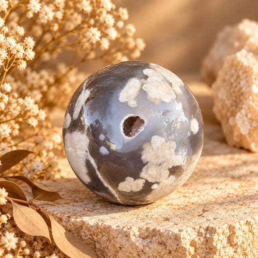 Blue Flower Agate crystal sphere approximately 5cm with soft blue floral-like inclusions