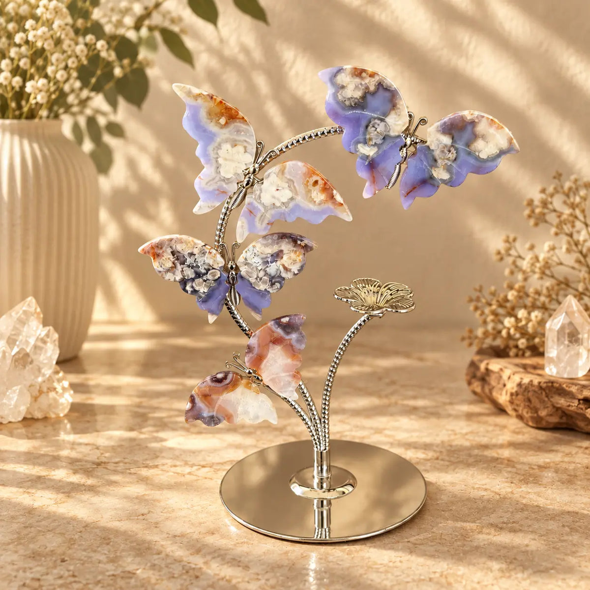 Blue Flower Agate Five Butterfly Sculpture – Embrace Transformation & New Beginnings (19cm)