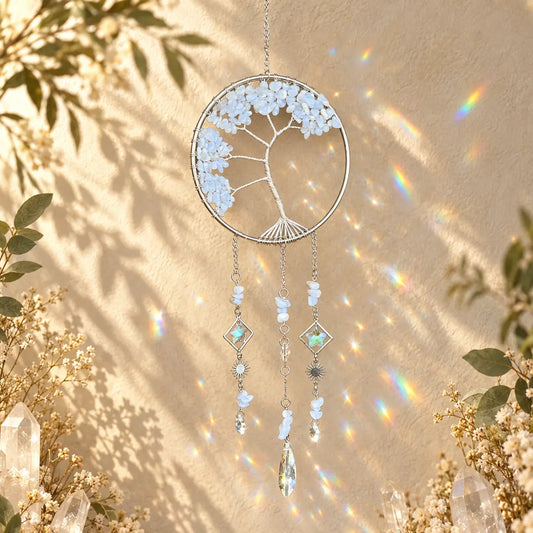 Blue Lace Agate Tree of Life crystal suncatcher with pale blue gemstones and  tree design