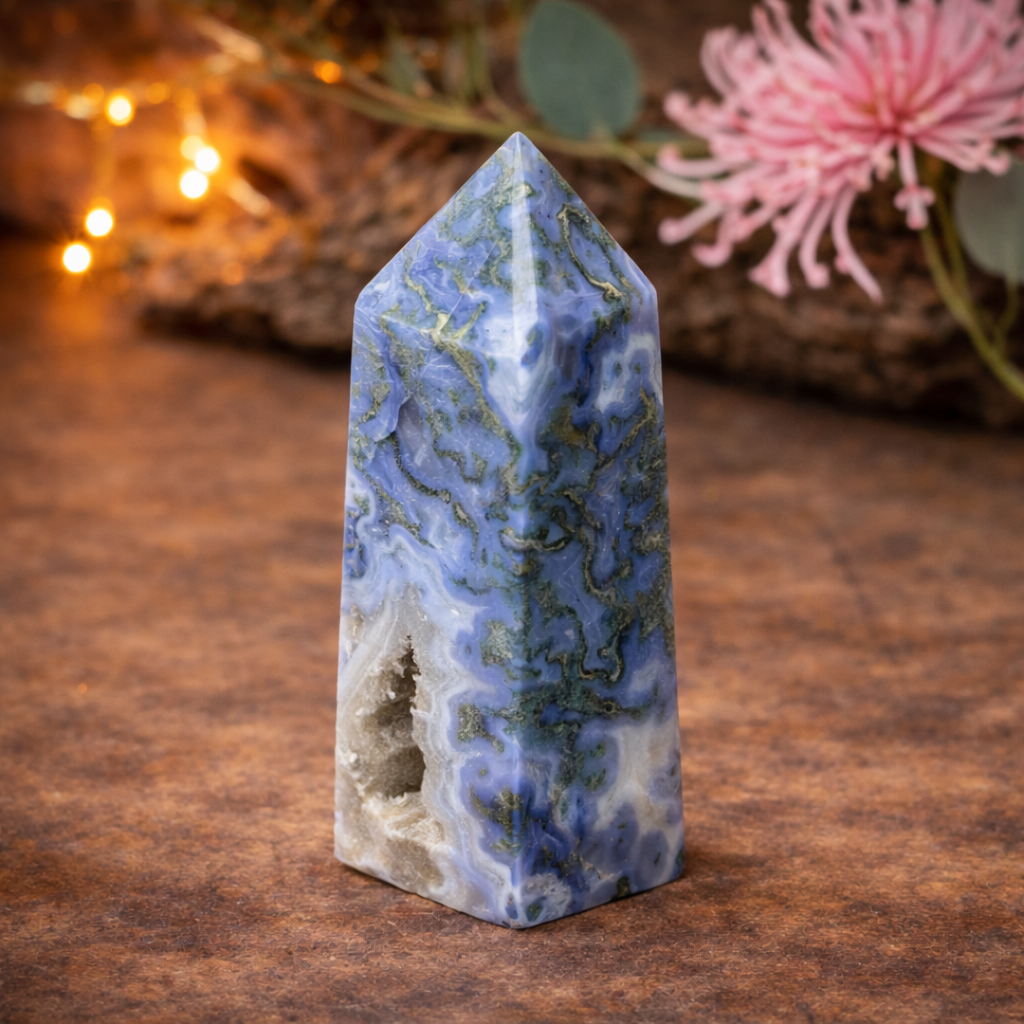 Blue Moss Agate Four-Sided Tower – Spiritual Healing, Calm, Growth & Energy Alignment