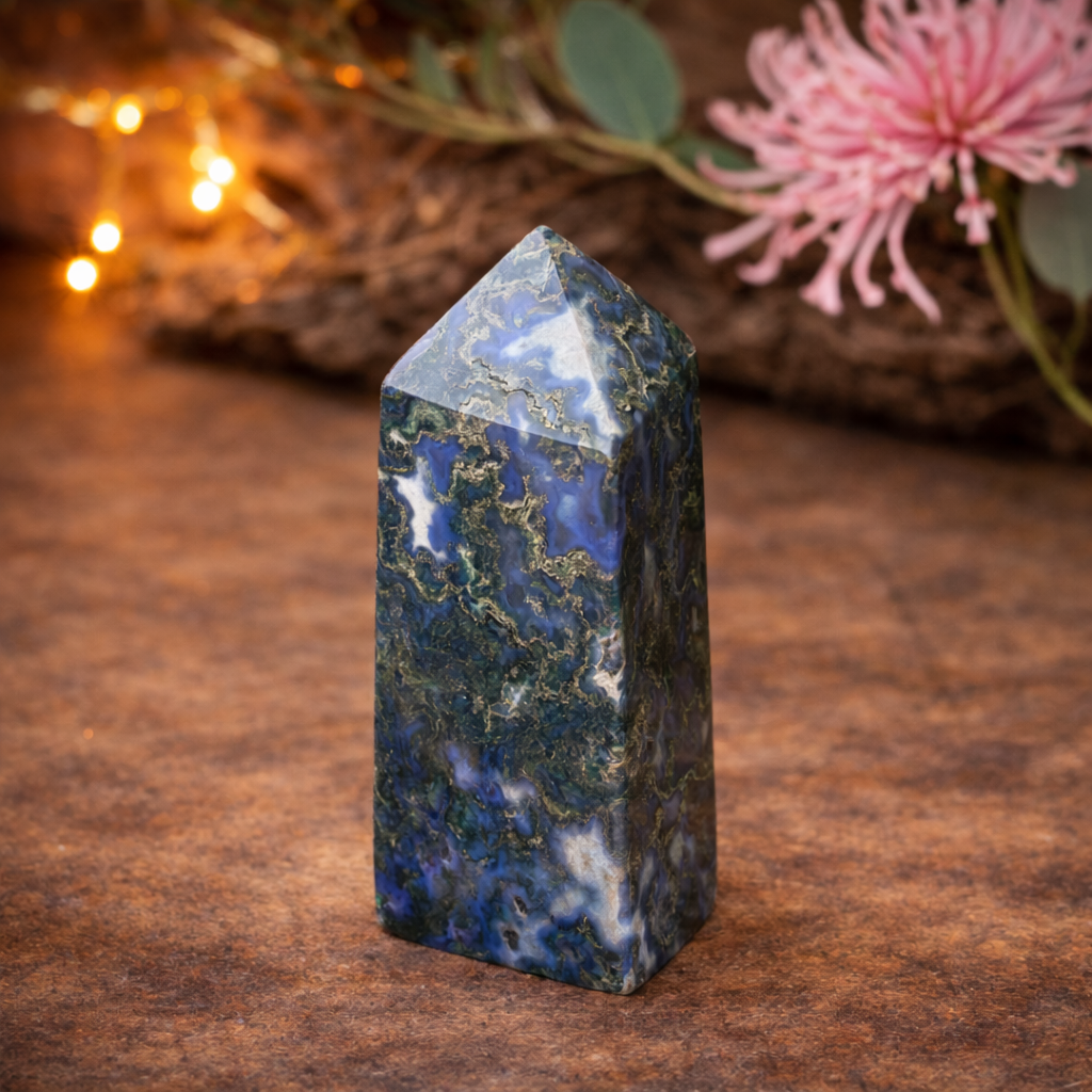 Blue Moss Agate Four-Sided Tower – Spiritual Healing, Calm, Growth & Energy Alignment