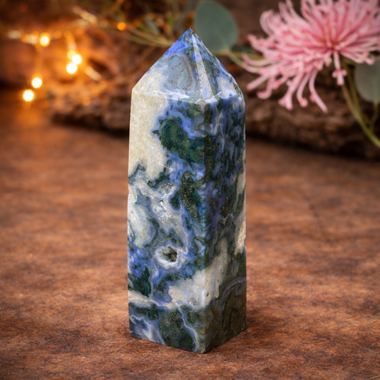 Blue Moss Agate Four-Sided Tower – Spiritual Healing, Calm, Growth & Energy Alignment