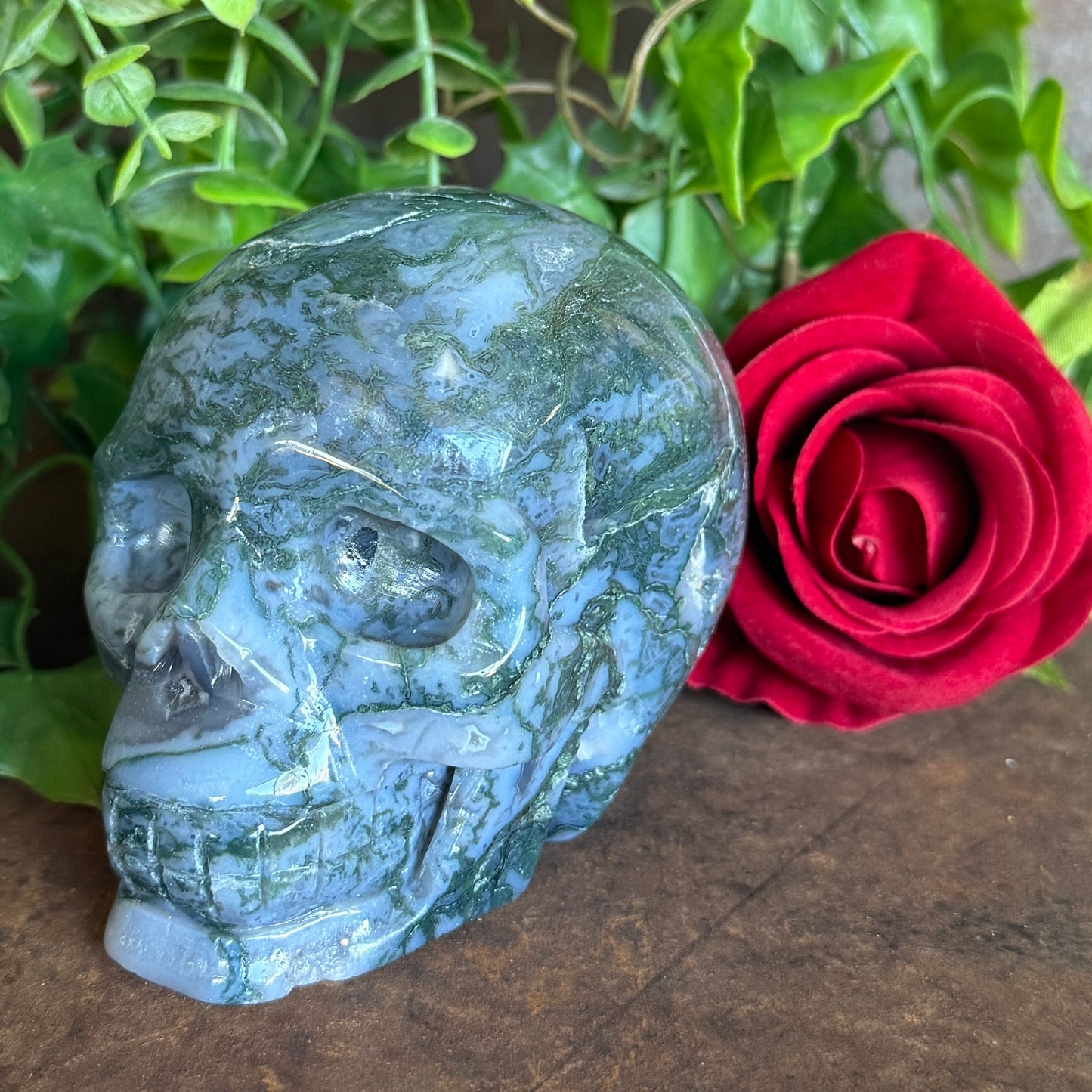 Blue Moss Agate Skull 755g crystal carving for emotional healing, clarity, grounding, abundance and spiritual growth.