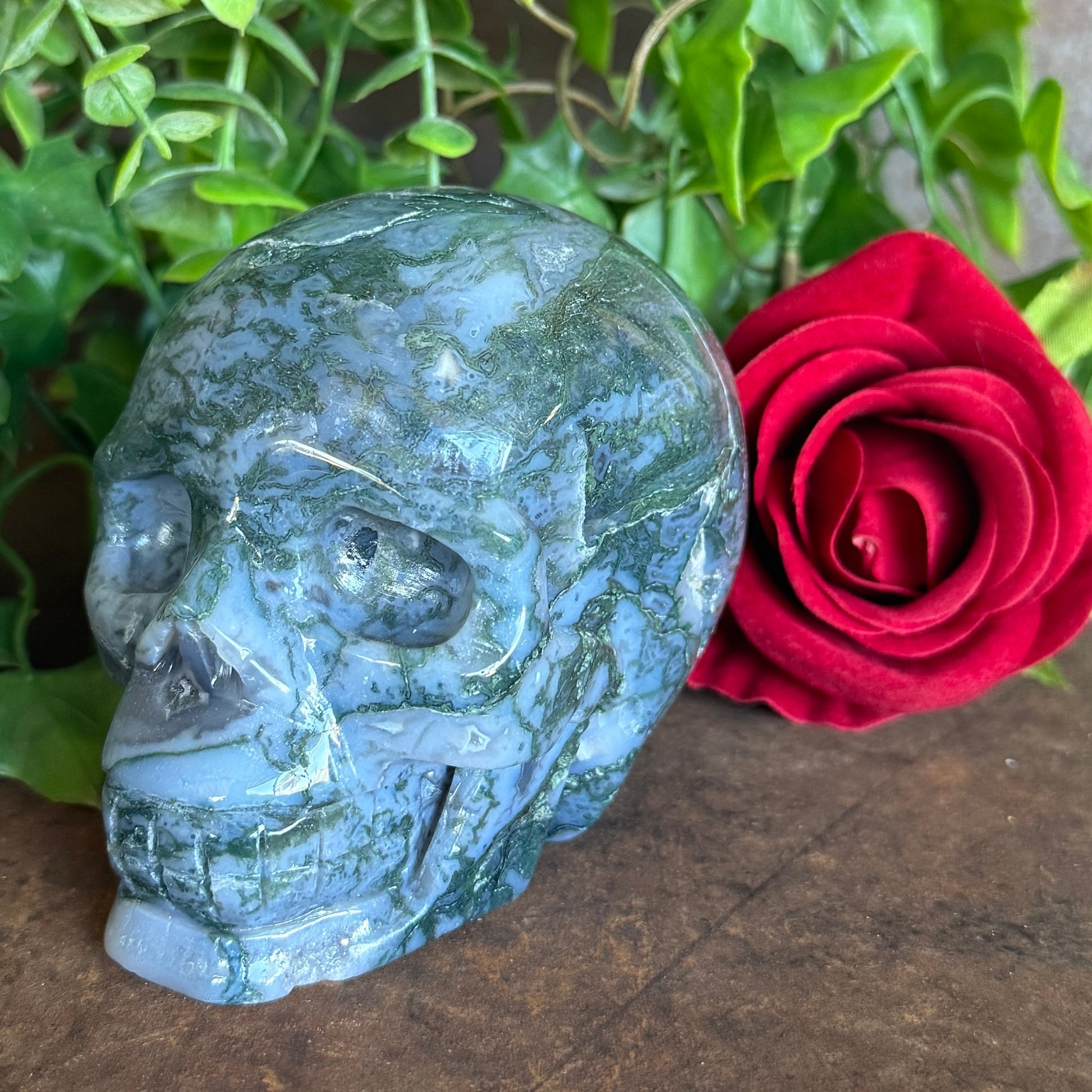 Blue Moss Agate Skull 755g crystal carving for emotional healing, clarity, grounding, abundance and spiritual growth.