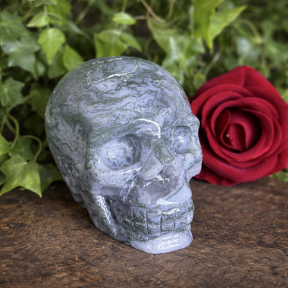 Blue Moss Agate Skull 755g crystal carving for emotional healing, clarity, grounding, abundance and spiritual growth.