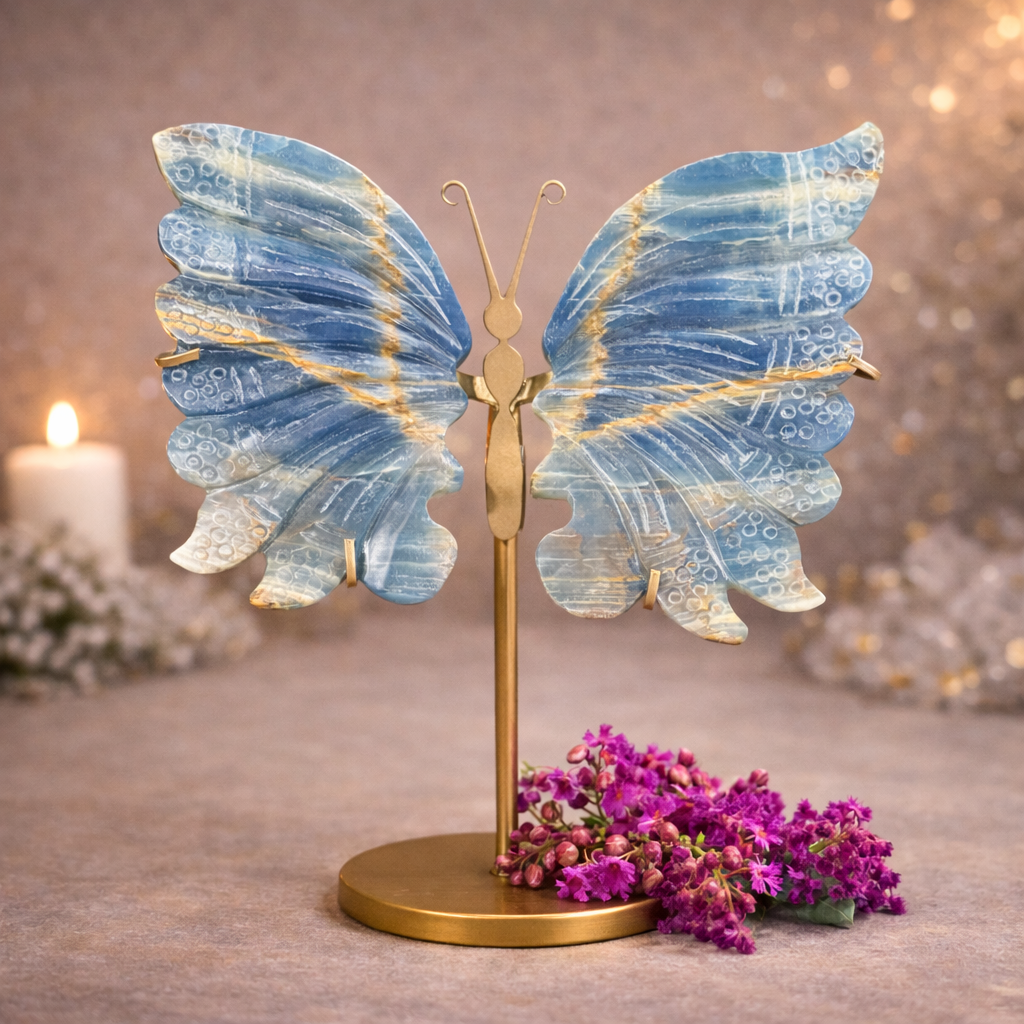 Blue Onyx Crystal Wings on Butterfly Stand – Spiritual Healing & Protection