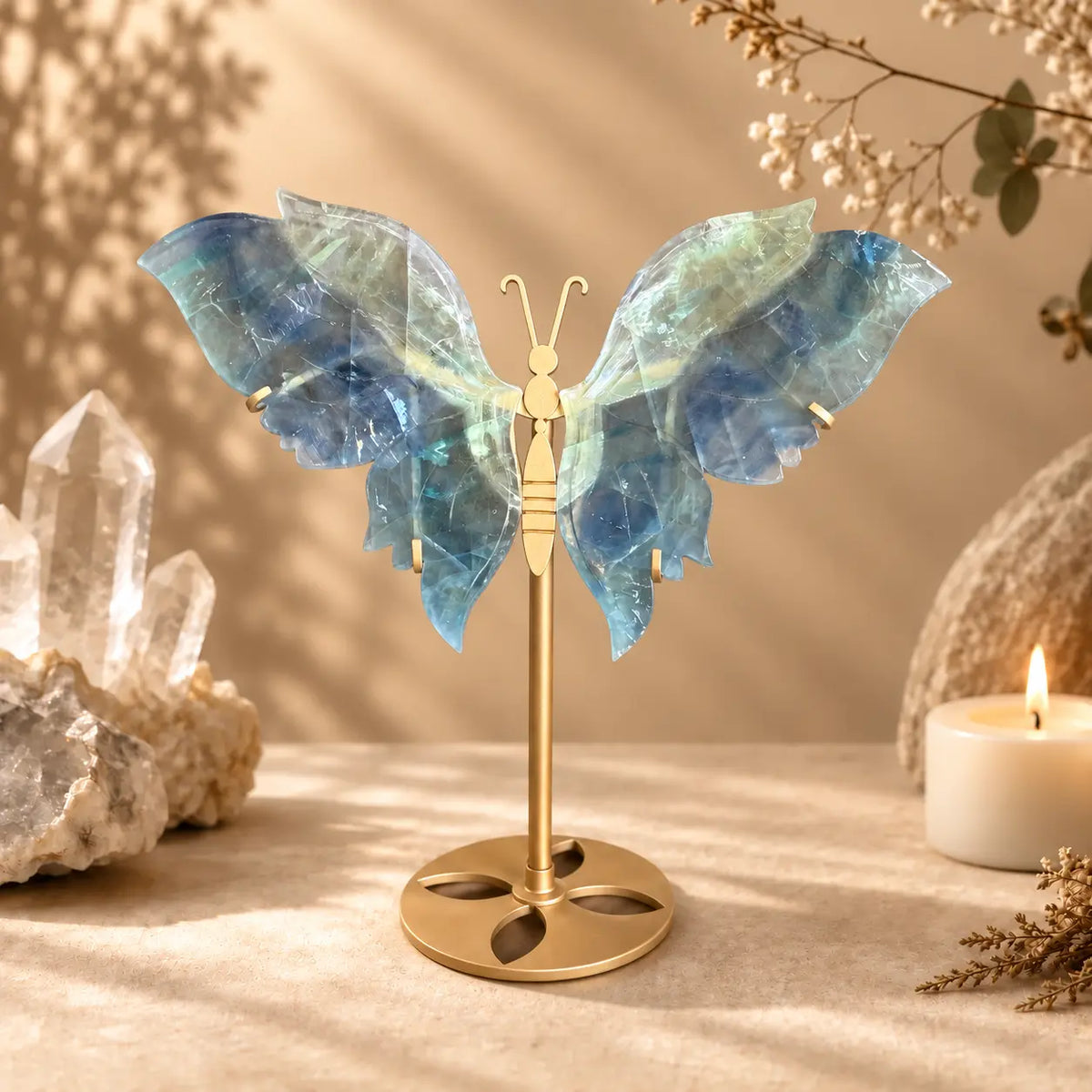 Blue and Green Fluorite Crystal Wings on Butterfly Stand natural crystal carving on decorative stand