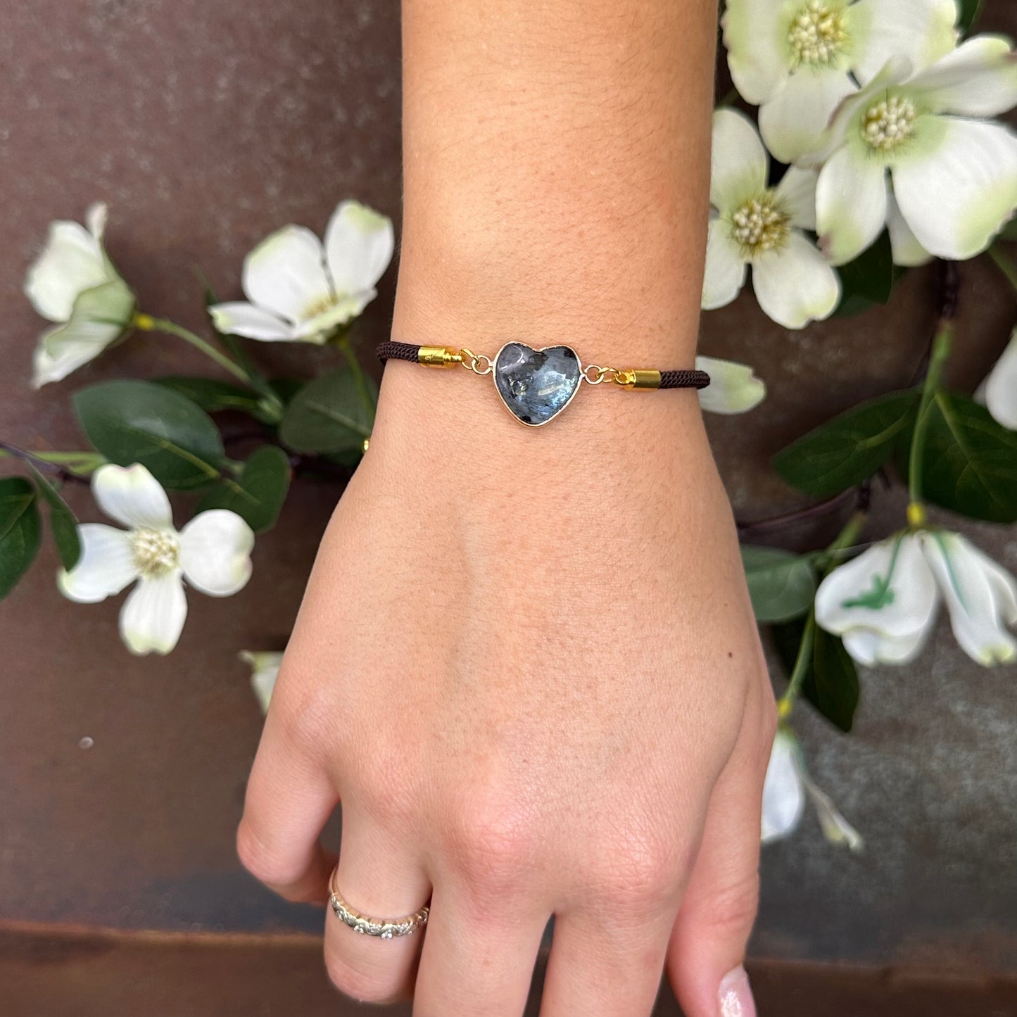 Bohemian adjustable Love Heart Labradorite crystal bracelet in gold-tone setting with woven cord for protection, intuition, and spiritual healing.