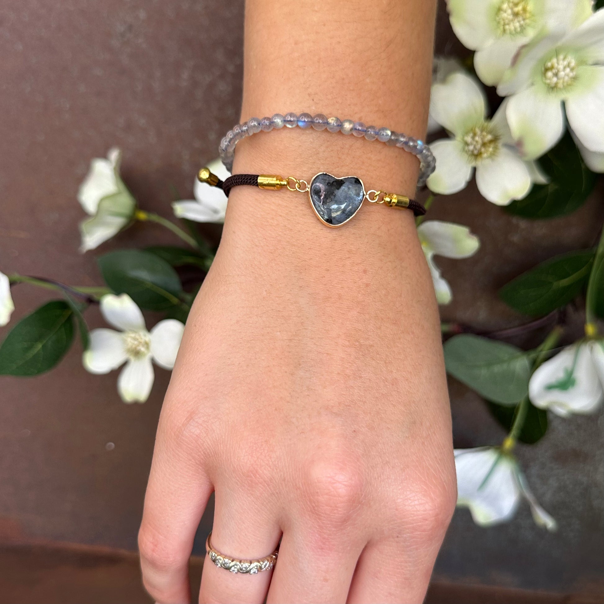 Bohemian adjustable Love Heart Labradorite crystal bracelet in gold-tone setting with woven cord for protection, intuition, and spiritual healing.